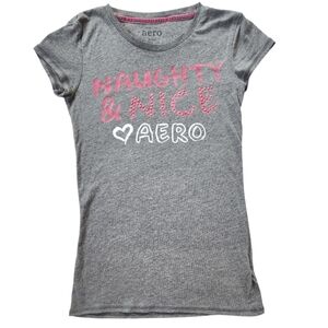2010s Aero Mcbling Rhinestone Gray Naughty & Nice Tee Shirt Size M